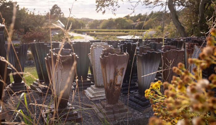 Vaser i motljus på en kyrkogård.